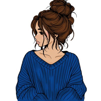 realistic girl wearing a messy bun and an oversized sweater