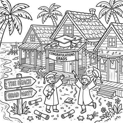 Dive into a unique graduation celebration with this delightful coloring page featuring charming beach cottages adorned for the big day. Young graduates rejoice by the sandy shore, ready for you to bring their festive scene to life with your favorite colors.