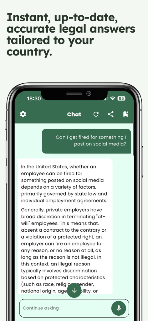 Legal AI Assistant: Law Help - Legal AI Assistant chat interface displaying a response about social media and employment law in the United States.