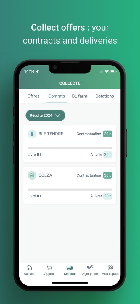 Farmi - Interface of the Farmi app showing harvest contracts and delivery progress for wheat and rapeseed