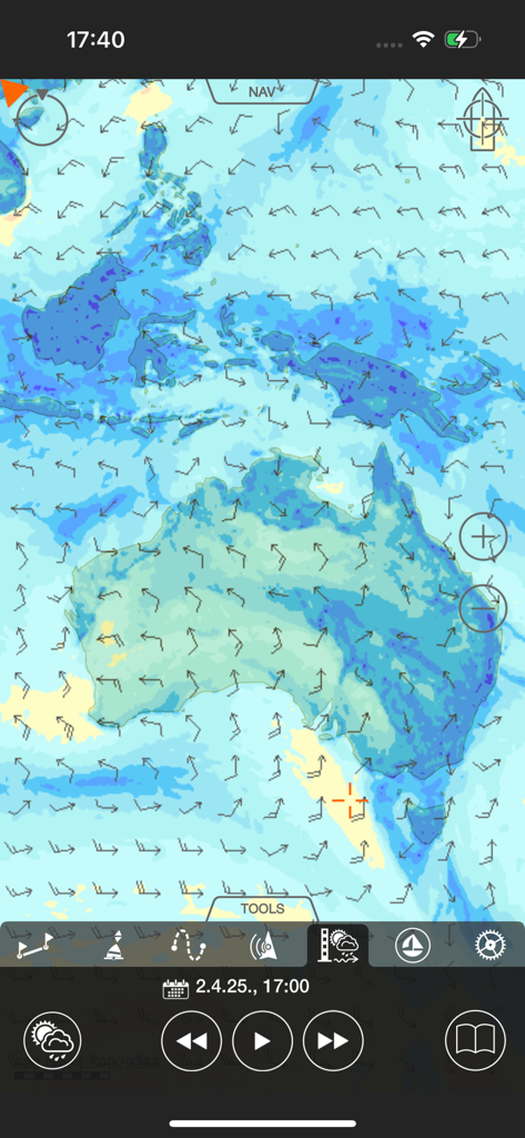 Aplicación Wärtsilä iSailor mostrando una superposición de viento meteorológico en una carta marina de Australia