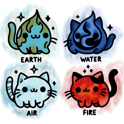 4 cats that represent the different elements, earth, water, air, and fire