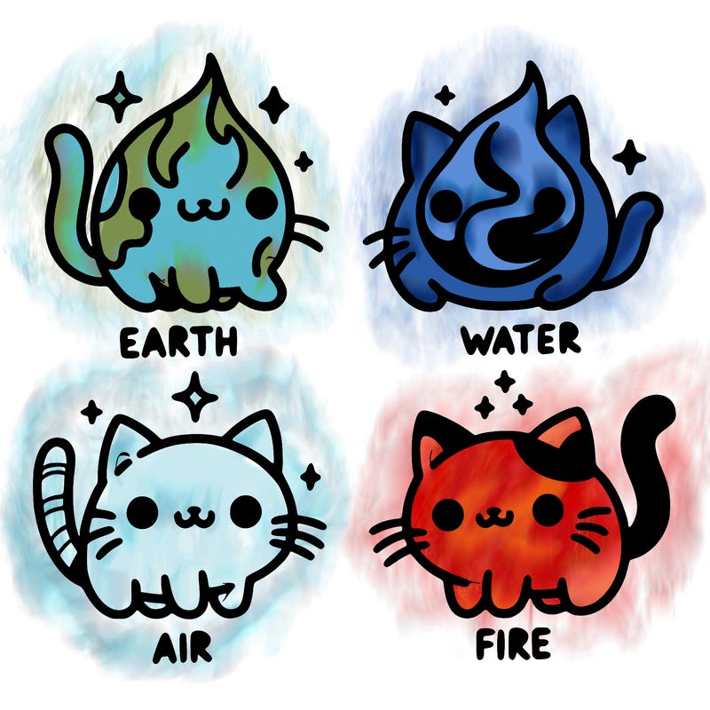 4 cats that represent the different elements, earth, water, air, and fire