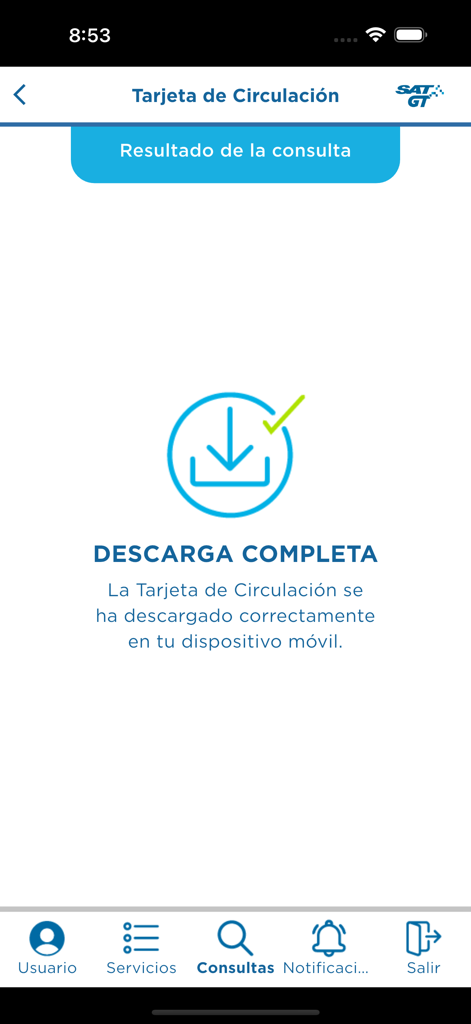 SAT GT - A confirmation screen in the SAT GT app indicating a successful download of a vehicle registration card.