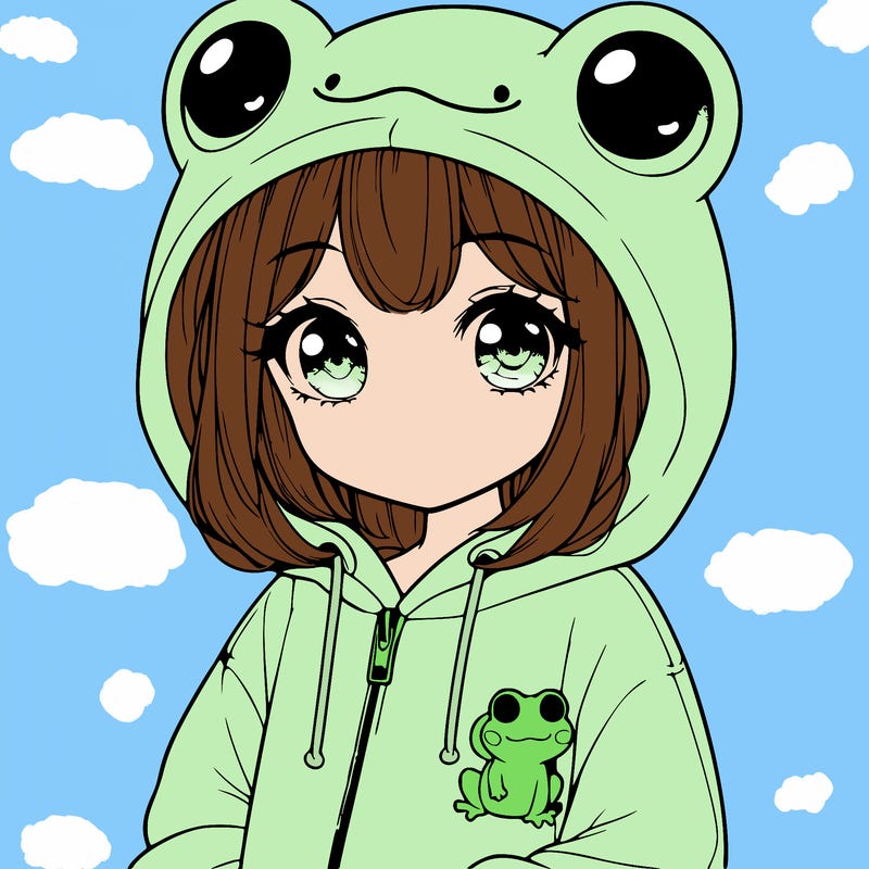 cute realistic girl in a froggy hoodie