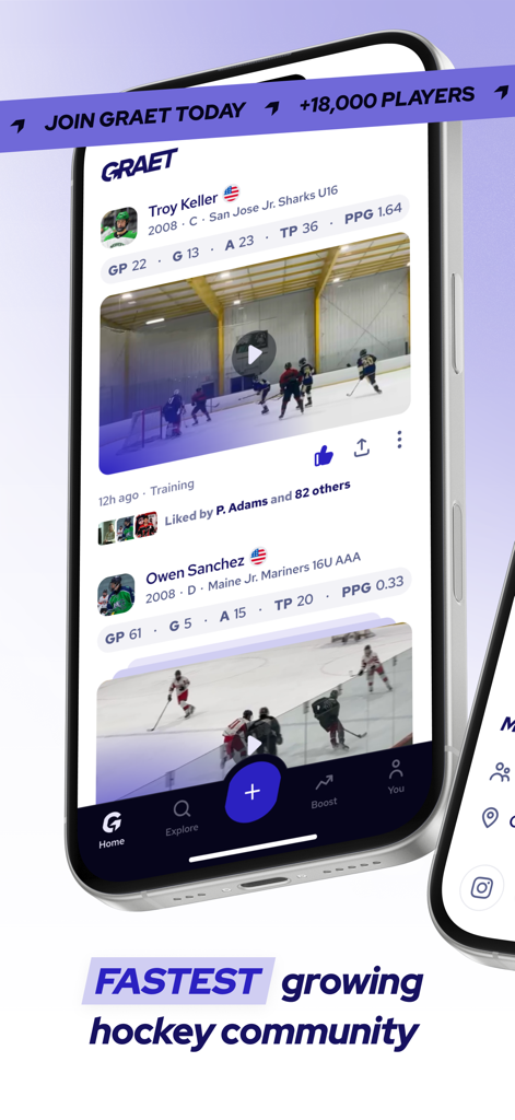 GRAET - GRAET app interface showing youth hockey player profiles and video highlights