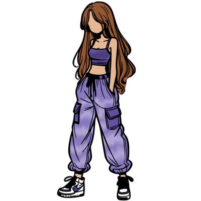 girl in baggy pants crop top and long hair