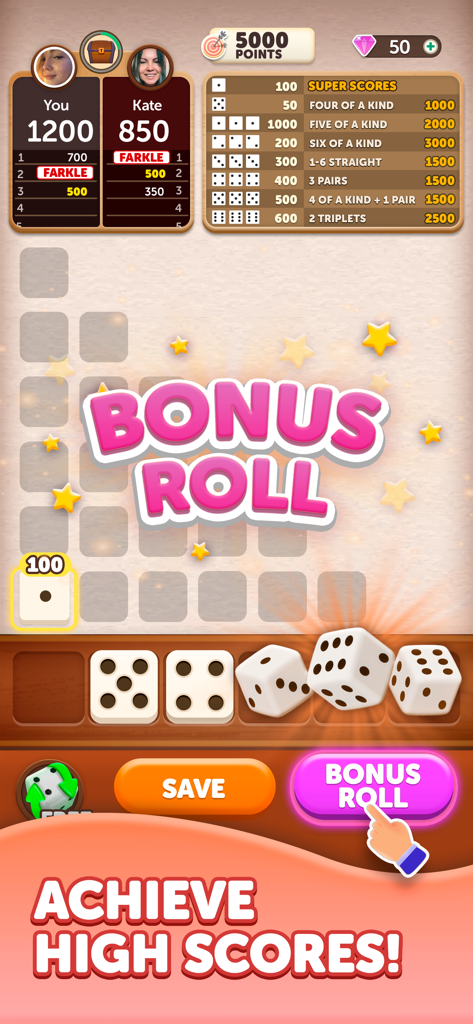 Un match JcJ dans Farkle Dice Roll montrant un bouton de lancer bonus et le classement des meilleurs scores.