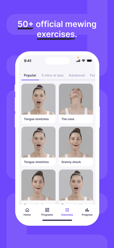 Mewing by Dr Mike Mew - Mewing app screen showing a library of over 50 official facial exercises with video thumbnails