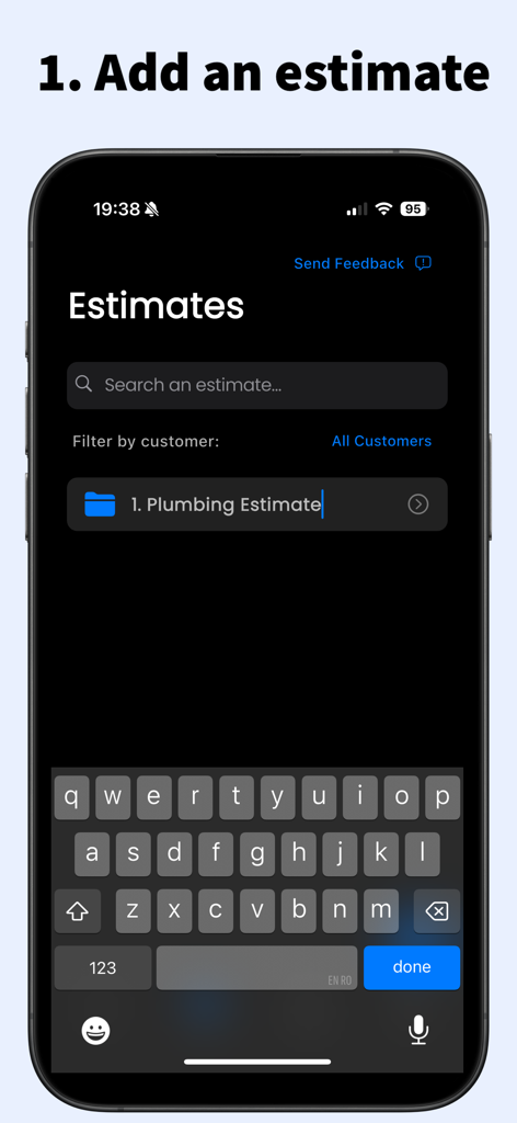 Contractor Estimatorアプリのモバイル画面。新しい配管見積もりの追加プロセスを示しています。