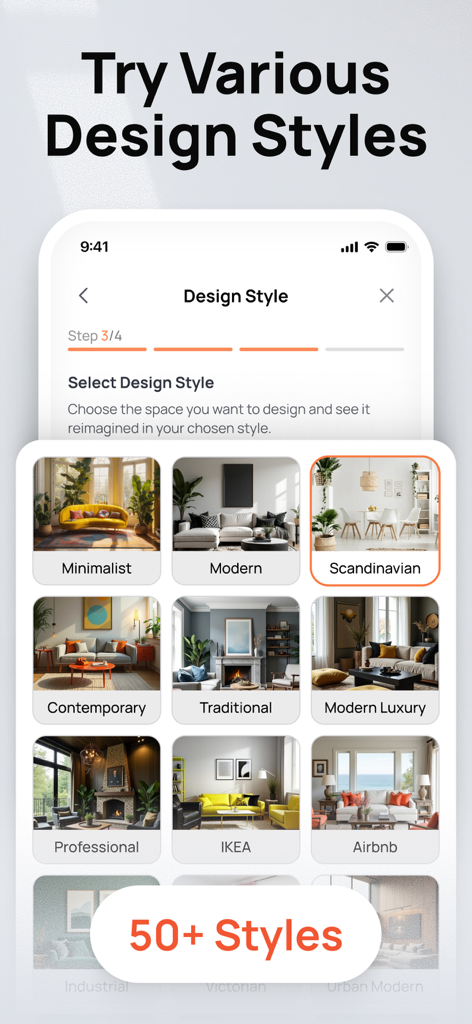 Screen showing over fifty interior design styles to choose from in the AI Home Design app