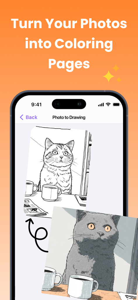Eine mobile App-Oberfläche, die zeigt, wie man ein Katzenfoto in eine schwarz-weiße Linienzeichnung als Malvorlage verwandelt.