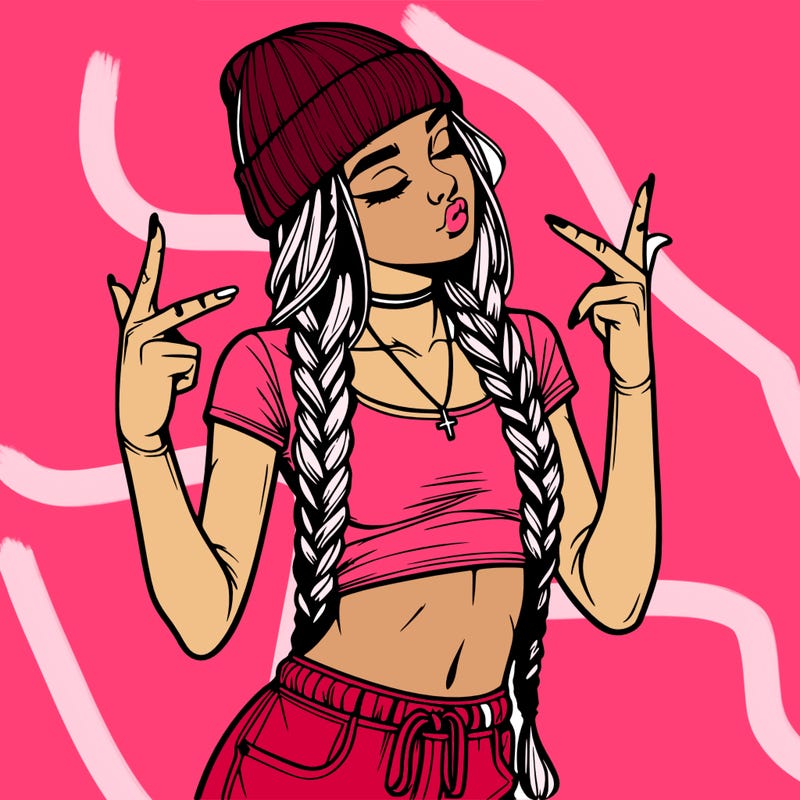 realistic teenage girl with braids and a beanie and crop top doing 🫶🏼
