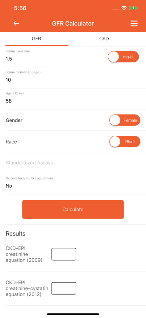 Interface of the GFR calculator in the NKF KDOQI mobile app showing clinical input fields.