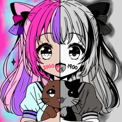 anime girl with a cute cat in her hand and it is a split