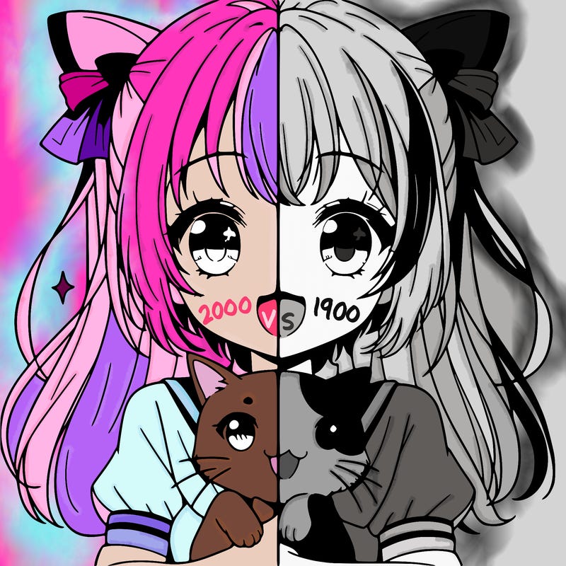 anime girl with a cute cat in her hand and it is a split