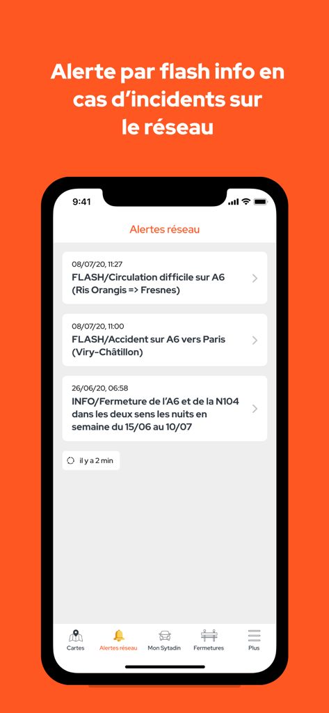 Interfaccia dell'app SYTADIN che mostra avvisi sulla rete stradale in tempo reale per la regione di Parigi.