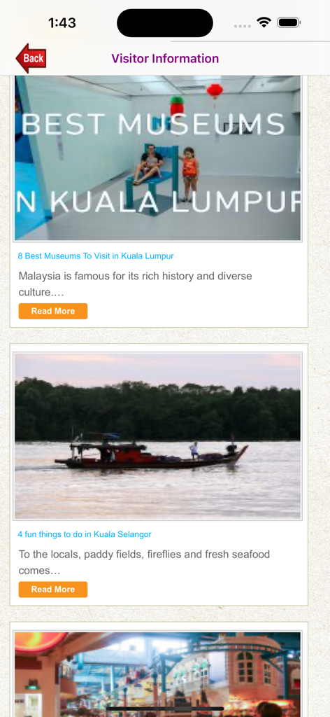 Visit Malaysiaアプリの訪問者情報画面。旅行ガイドが表示されます。