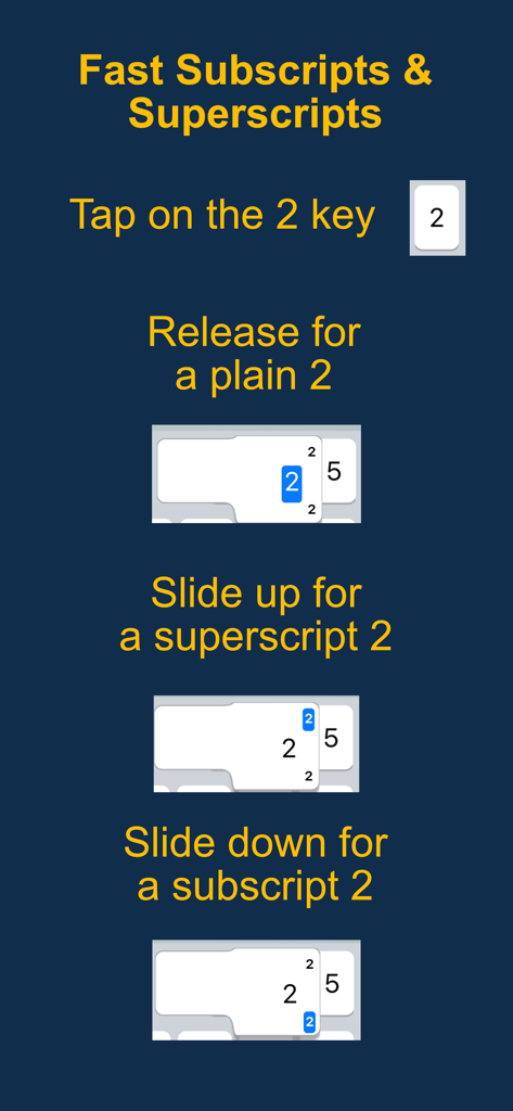 Chemistry Keyboard - Tutorial showing slide gestures for typing subscripts and superscripts in the Chemistry Keyboard app.