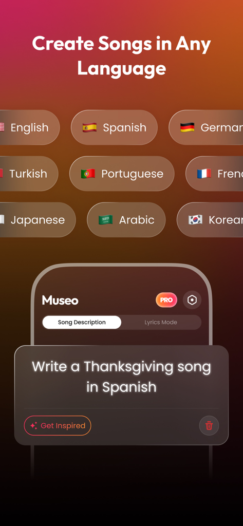 MuseO: AI Music Ringtone Maker - Interface of the MuseO app displaying options to create AI songs in multiple languages including Spanish and English.