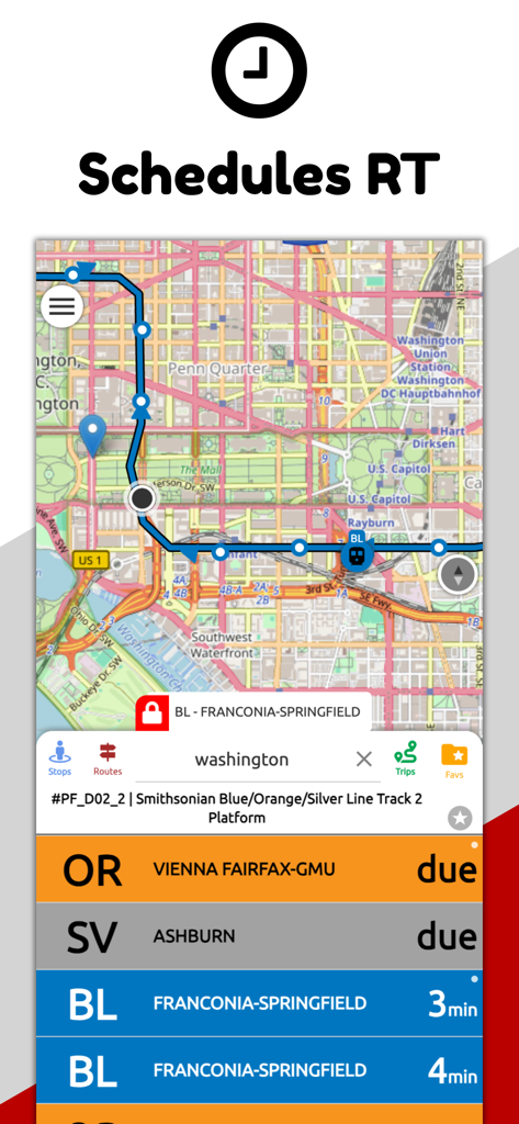 Interface do aplicativo móvel mostrando horários de transporte em tempo real e um mapa da cidade de Washington DC