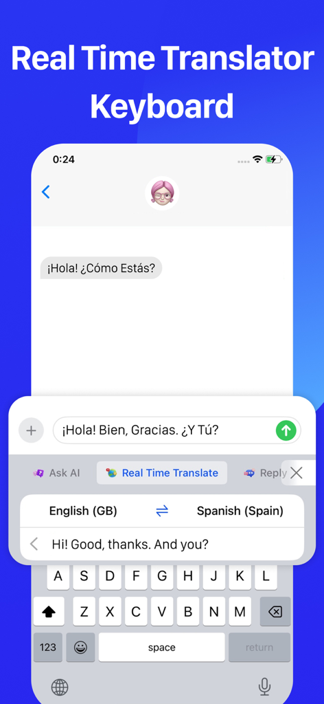 A smartphone showing the real-time AI translator keyboard translating a chat conversation between English and Spanish