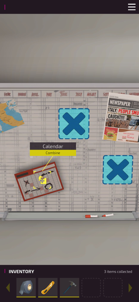 Screenshot of Escape Fake augmented reality gameplay showing a puzzle with a calendar and tool inventory