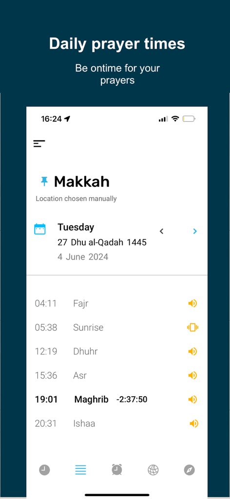 Salatuk app interface displaying daily prayer times and current location for Makkah.