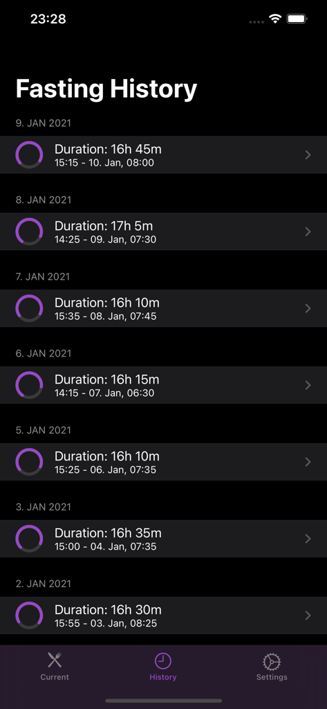 Fasting-Timer - A list of past intermittent fasting sessions showing duration start and end times