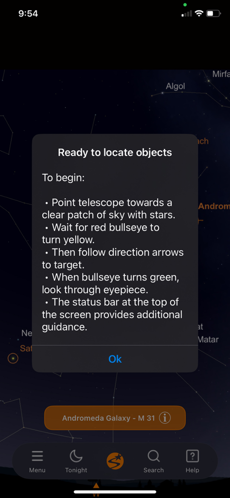 Celestron StarSense Explorer - Popup di istruzioni sull'app Celestron StarSense Explorer che spiega come trovare stelle e galassie con un telescopio