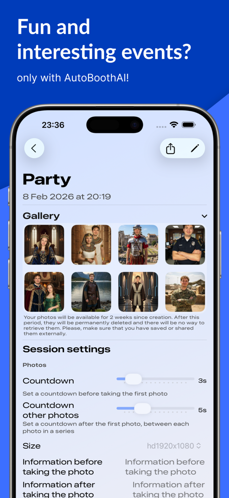 AutoBoothAI: AI Photo Booth - AutoBoothAIアプリのインターフェース。AI生成ポートレートのギャラリーと写真セッション設定を表示しています。