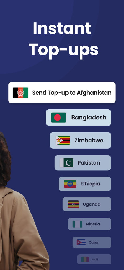 Talk Home: Cheap Calls - Pantalla de la aplicación Talk Home mostrando opciones de recarga móvil instantánea para destinos internacionales