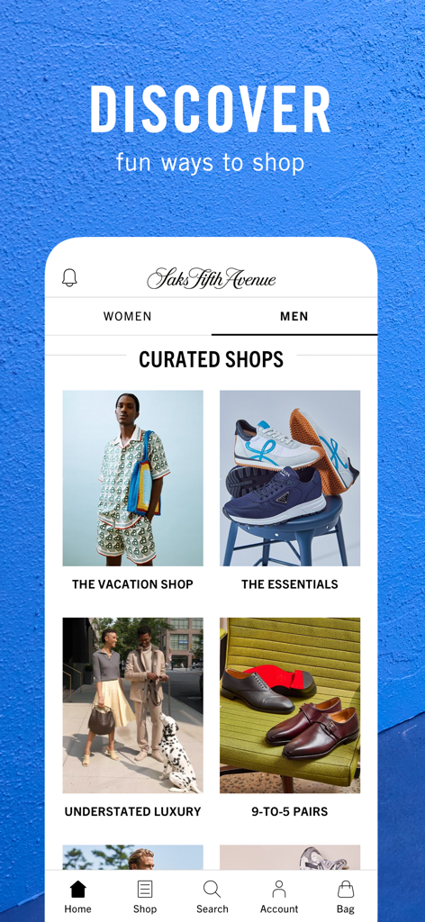 A screenshot of the Saks Fifth Avenue app showing curated shopping categories for men including luxury shoes and designer apparel.