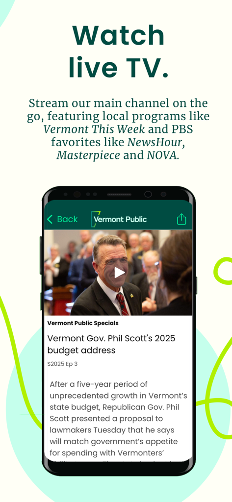 Vermont Public - Vermont Public app screenshot showing the Watch Live TV feature with local news streaming and PBS programs.