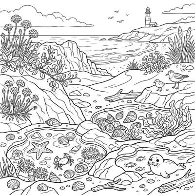 Immerse yourself in the serene beauty of a spring tidal pool with this engaging coloring page. Discover a delightful array of marine life and coastal flora, all waiting for your creative touch.