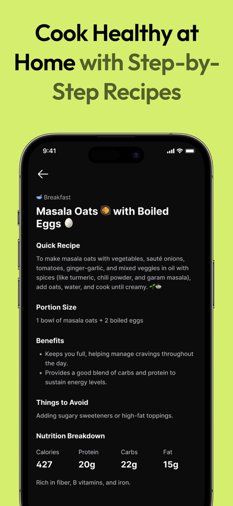 NutriScan: Calorie & Diet Plan - NutriScanアプリの画面。完全な栄養内訳付きのヘルシーマサラオートのレシピが表示されます。