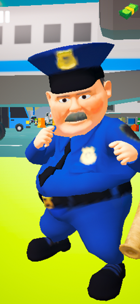 Crazy Airport Chaos: Slap Game - A 3D security guard character in a blue uniform standing at an airport tarmac in a fighting pose