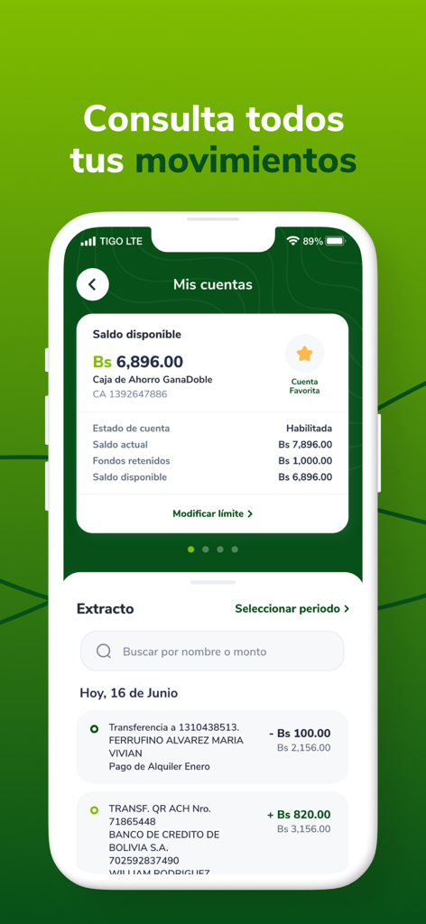GanaMóvil - GanaMóvil app showing account balance and transaction history