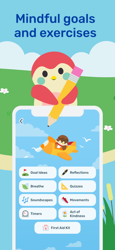 Screenshot of the Finch app menu showing various self-care exercises and a cute bird character.