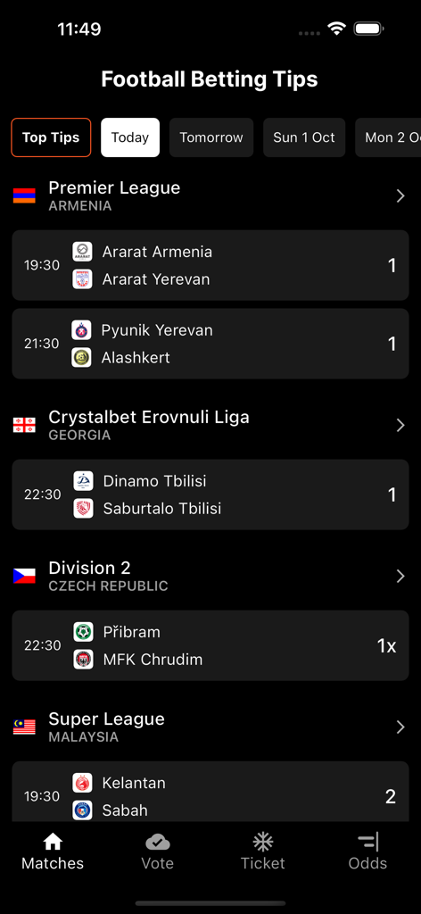 Football Betting Odds & Tips - サッカーのベッティングアプリのインターフェース。毎日の試合のヒントとリーグが表示されています