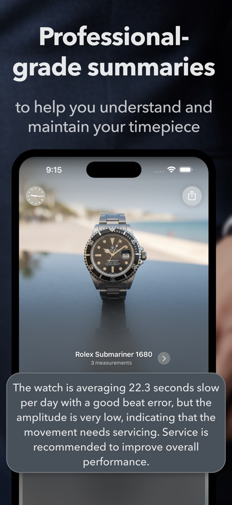 tickIQ: Measure, Track Watches - tickIQ 앱에서 롤렉스 서브마리너에 대한 전문 시계 유지보수 요약 및 서비스 권장 사항.