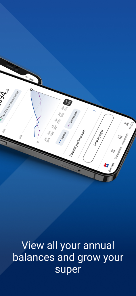 Mobile screen of the Colonial First State app showing a superannuation balance and investment growth chart