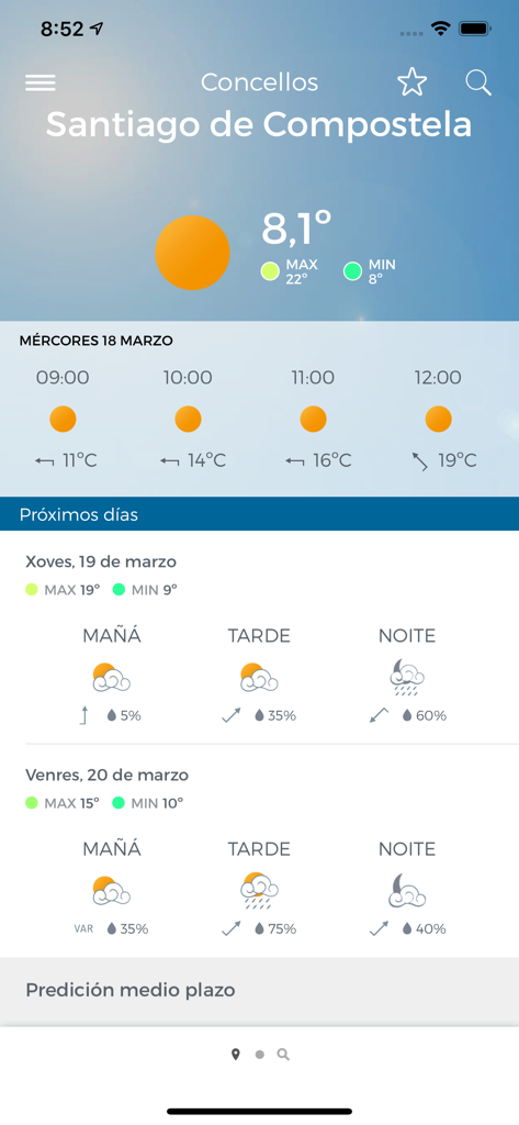 Pronóstico meteorológico para Santiago de Compostela en la aplicación MeteoGalicia