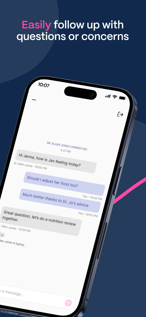 Pantalla de la aplicación Vetster que muestra una conversación de mensajería con un veterinario licenciado