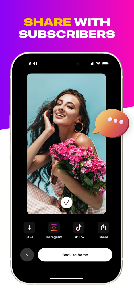 Flix app share screen with options for Instagram and TikTok