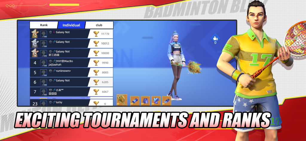 Badminton Blitz - A leaderboard in Badminton Blitz showing player rankings and individual character customization