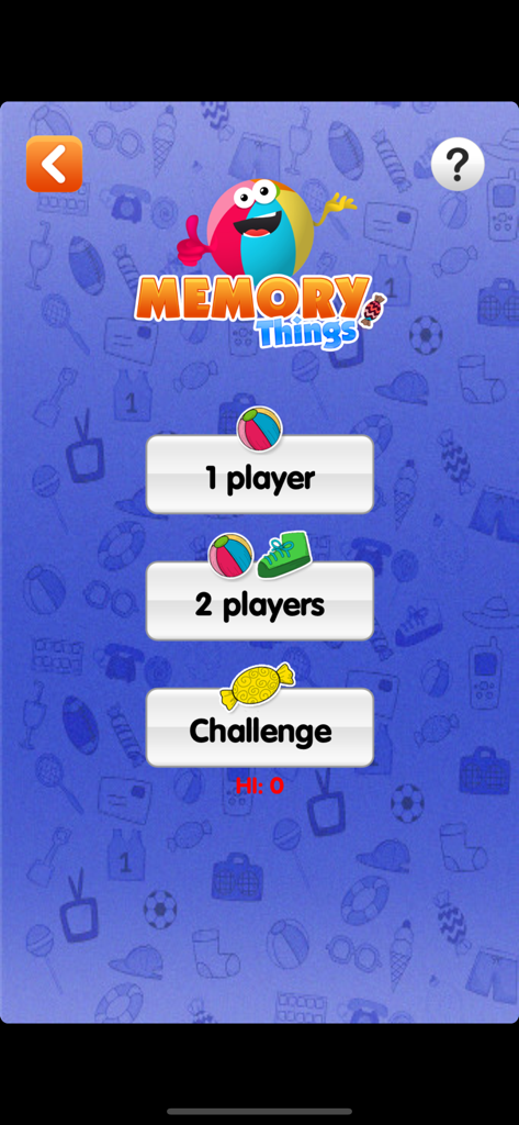 Pantalla del menú principal de la aplicación Juegos de Memoria Cosas y Juguetes mostrando opciones de modo de juego