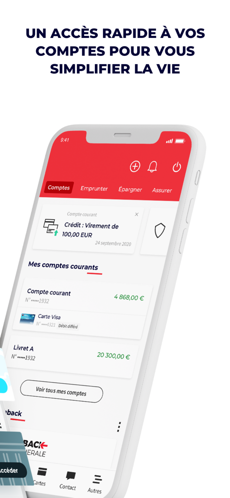 LAppli SG mobile banking interface showing account balances and summary