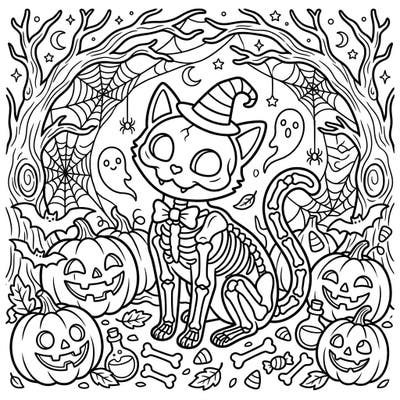 Get ready for a purr-fectly spooky Halloween with this unique skeleton cat coloring page. It's filled with delightful details like jack-o'-lanterns, ghosts, and bare trees, inviting you to create a vibrant scene.
