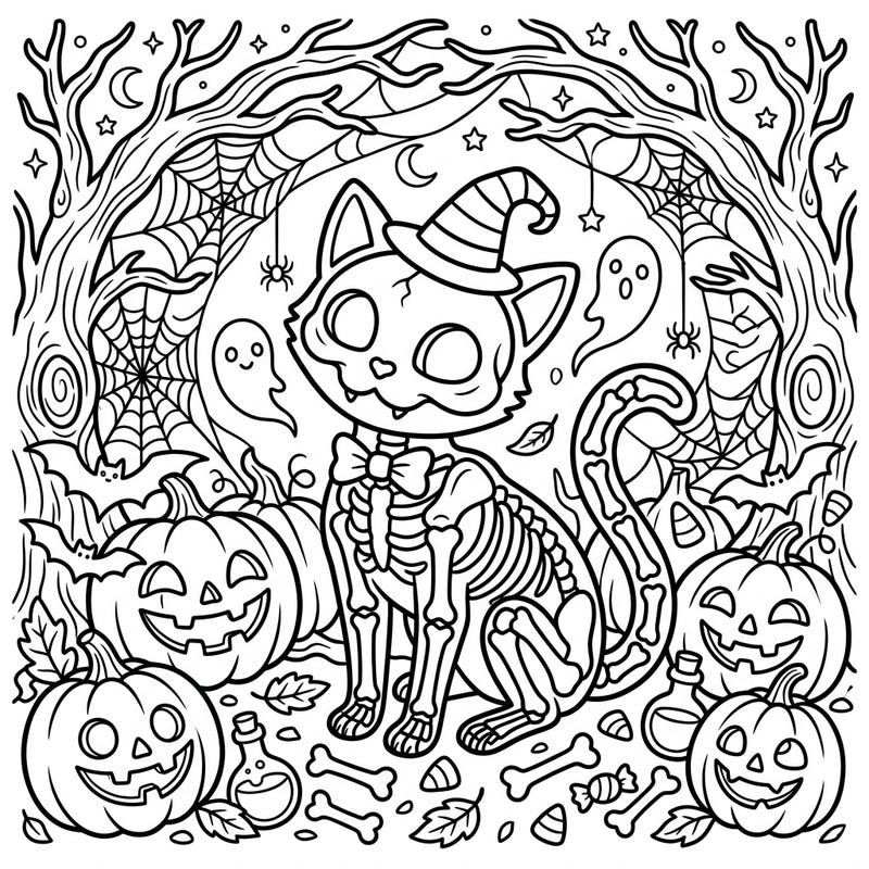 Get ready for a purr-fectly spooky Halloween with this unique skeleton cat coloring page. It's filled with delightful details like jack-o'-lanterns, ghosts, and bare trees, inviting you to create a vibrant scene.